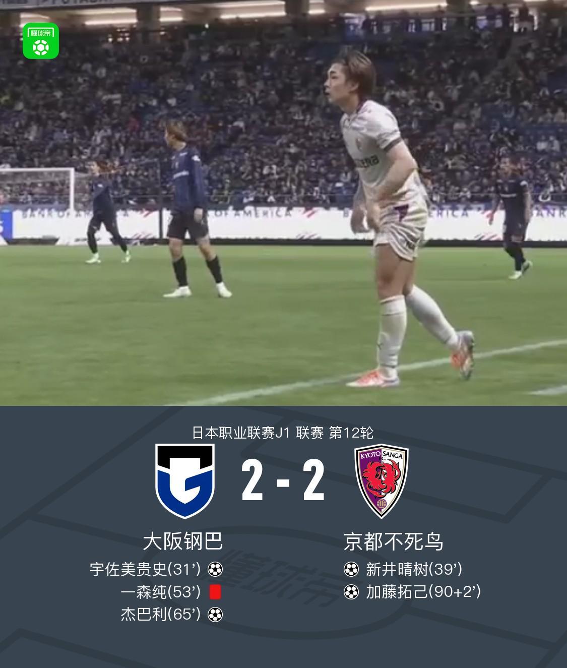 大阪钢巴2-2京都不死鸟，宇佐美贵史破门，加藤拓己绝平